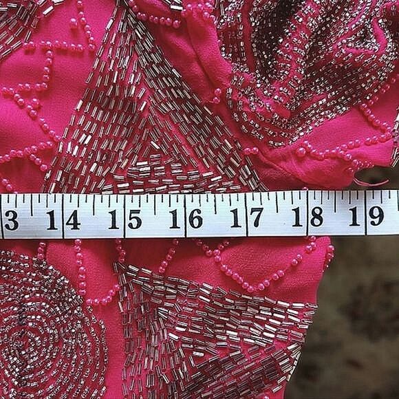 Vtg fuschia beaded silk half sleeve boat neck V back blouse - Picture 8 of 16
